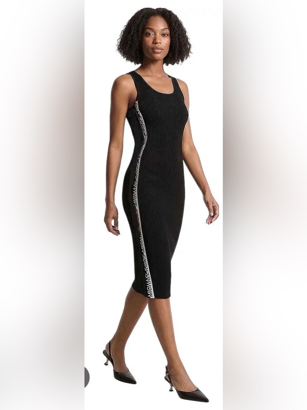 Michael Kors Black Ribbed Sleeveless Bodycon Dress with Logo Side Stripe